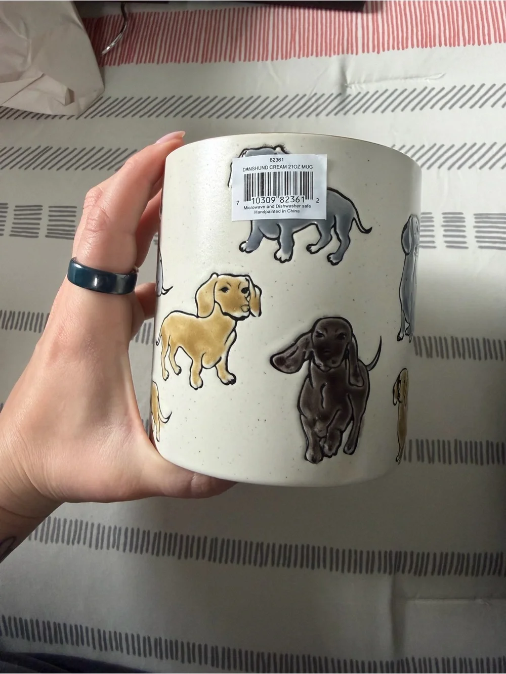 Dachshund Ceramic Coffee Mug in Cream with Yellow and Gray Dogs